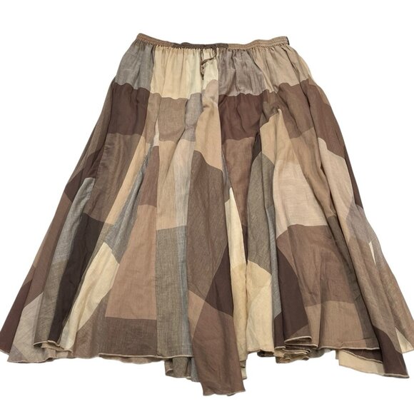 Y2K Denim 24/7 Skirt Womens 24W Brown Patchwork Plaid Ruffle Tiered Maxi Layered - Picture 1 of 9